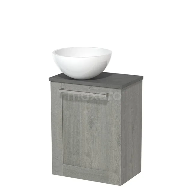 Grey bathroom unit with wooden look, surface-mounted washbasin in white ceramic, compact design for modern bathrooms.