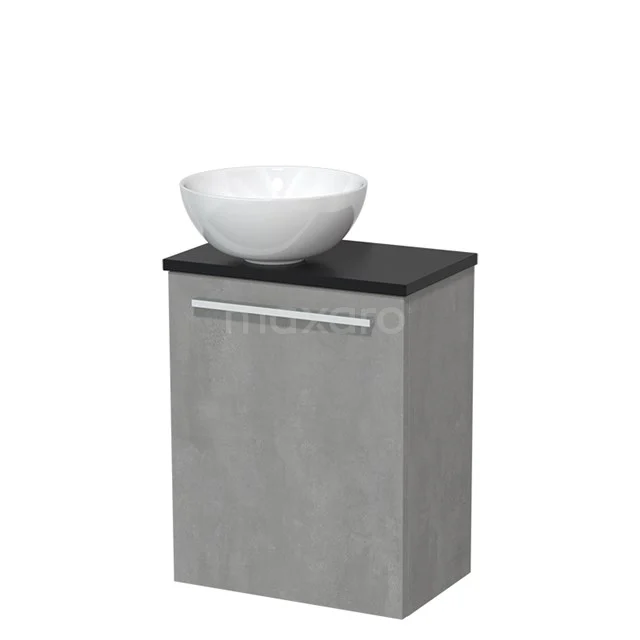Toiletmeubel met waskom | 41 cm Lichtgrijs beton Vlak front Hoogglans wit Keramiek waskom Mat zwart blad TMK10-04811
