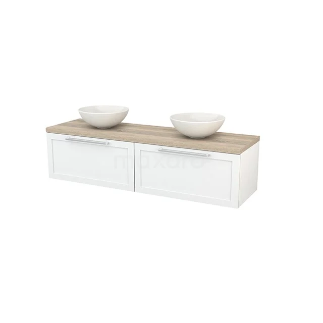 Modulo+ Plato Vanity units for countertop basin | 160 cm High-gloss white Frame front Oak worktop 2 Side-by-side drawers BMK002275 White bathroom unit with wooden worktop, double basin and modern design, ideal for stylish bathroom design.