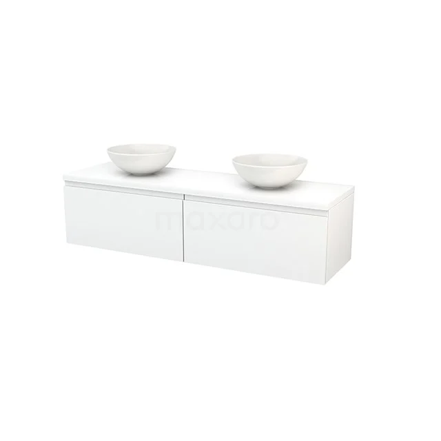 Modulo+ Plato Vanity units for countertop basin | 160 cm High-gloss white Handle-less front High-gloss white worktop 2 Side-by-side drawers BMK002278 White floating bathroom unit with vanity units with basin, sleek design and matte surface, perfect for a modern bathroom.