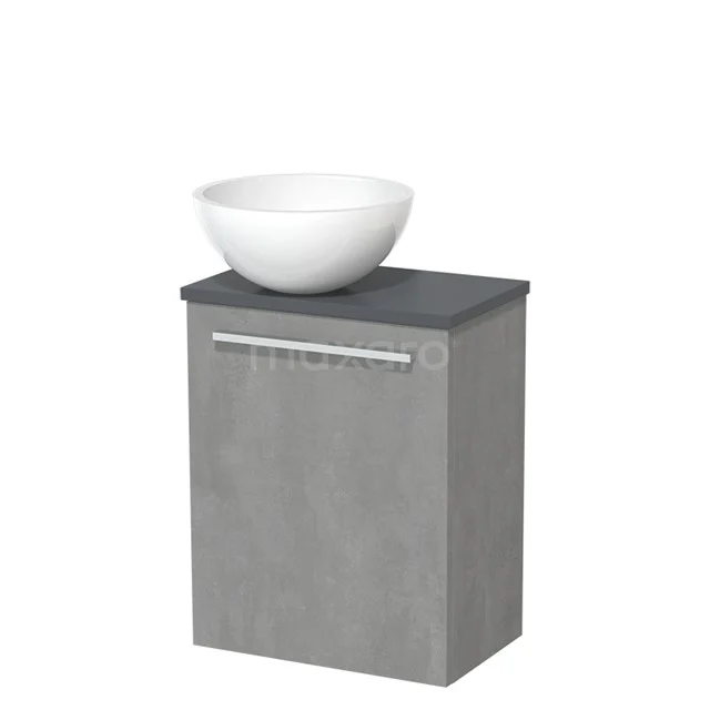 WC-Möbel mit Aufsatzwaschbecken | 41 cm hellgrauer Beton glatte Front Hochglanz Weiß Mineralguss Aufsatzwaschbecken Dunkelgrau Platte TMK10-06857 Grauer Badschrank mit matter Oberfläche, weißes keramisches Aufsatzwaschbecken oben, modernes Design für kompakte Bäder.