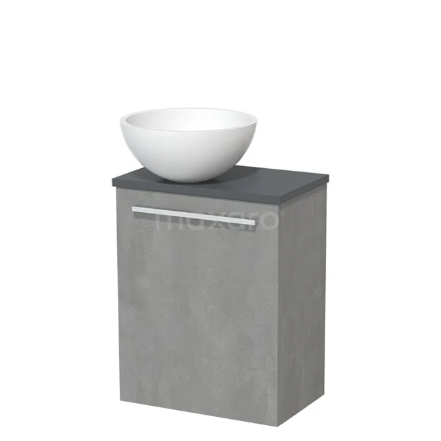 WC-Möbel mit Aufsatzwaschbecken | 41 cm Hellgrauer Beton Glatte Front Matt Weiß Solid Surface Aufsatzwaschbecken Dunkelgraue Platte TMK10-06858 Grau hängendes Badezimmermöbel mit Betonlook, weißem rundem Waschbecken und schickem metallenen Haltegriff, stilvolles und kompaktes Design.