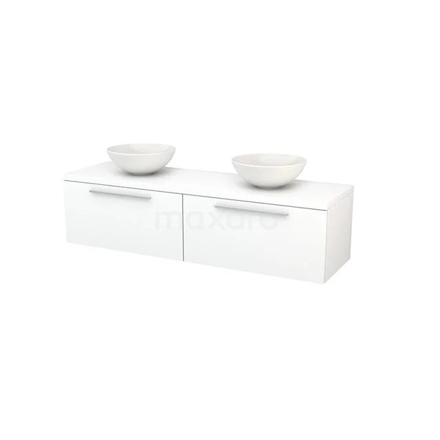 Modulo+ Plato Vanity units for countertop basin | 160 cm Matte white Flat front Matte white worktop 2 Side-by-side drawers BMK002284 White double bathroom cabinet with surface-mounted ceramic bowls, sleek design and aluminium handles, ideal for modern bathrooms.