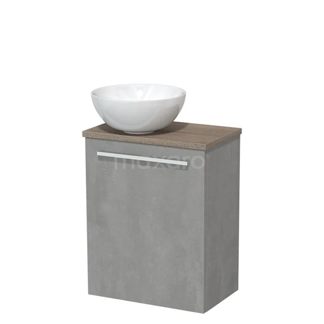 Grau Badmöbel mit Holzlook Platte und weißem runden Aufsatzwaschbecken, ideal für einen modernen Badezimmer Stil.