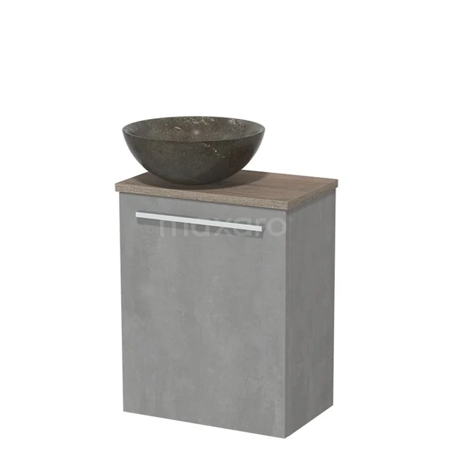 WC-Möbel mit Aufsatzwaschbecken | 41 cm Hellgrauer Beton Glatte Front Blaustein Naturstein Aufsatzwaschbecken Eiche TMK10-06866 Graue Waschbeckenunterschrank mit Betonlook, Holzplatte und runder dunkler Natursteine Aufsatzwaschbecken für ein stilvolles Badezimmer.