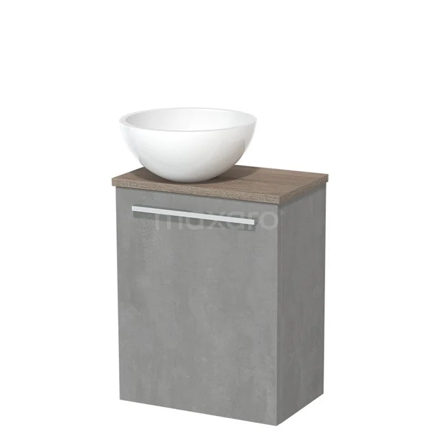 WC-Möbel mit Aufsatzwaschbecken | 41 cm hellgrauer Beton glatte Front Hochglanz Weiß Mineralguss Aufsatzwaschbecken Eiche Platte TMK10-06867 Grauer Badschrank mit Holzplatte und weißem Aufsatzwaschbecken, moderner Stil, ideal für kompakte Bäder.
