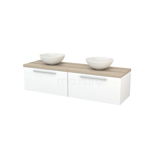 White floating bathroom unit with double wooden top and countertop wash basins, modern design for stylish bathrooms.