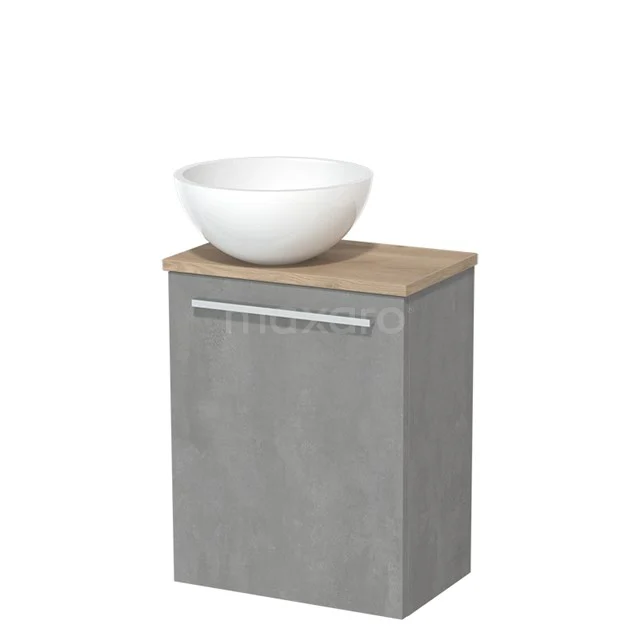 Toilet unit with countertop wash basin | 41 cm Light grey concrete Flat front High-gloss white Mineral marble basin Light brown oak worktop TMK10-02907