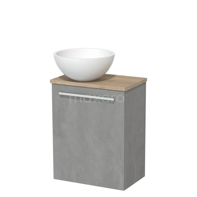 Toilet unit with countertop wash basin | 41 cm Light grey concrete Flat front Matte white Solidtop wash basin Light brown oak worktop TMK10-02908