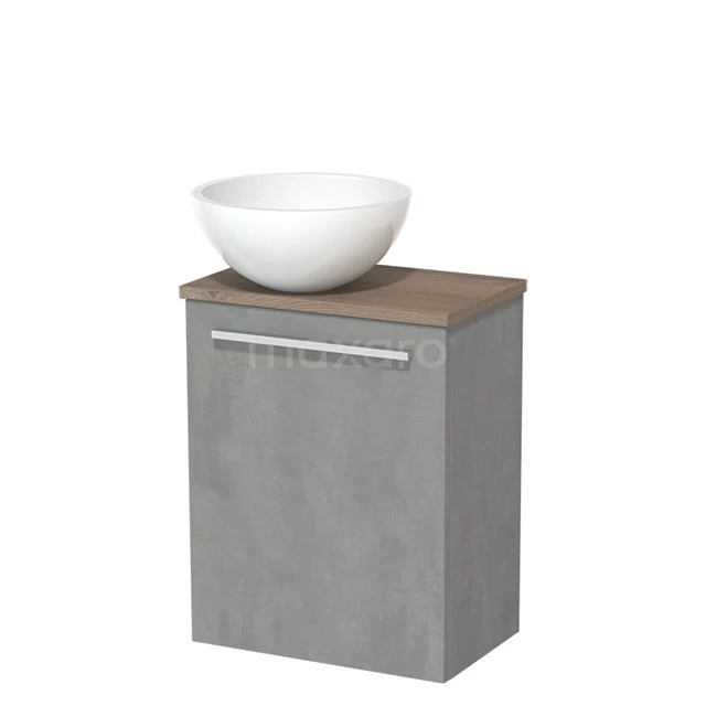 WC-Möbel mit Aufsatzwaschbecken | 41 cm hellgrauer Beton glatte Front Hochglanz Weiß Mineralguss Aufsatzwaschbecken mittelbraune Eiche TMK10-04619 Grauer Waschbeckenunterschrank mit Holzlook Platte und weißem Aufsatzwaschbecken, ideal als stilvolle Badezimmerlösung.