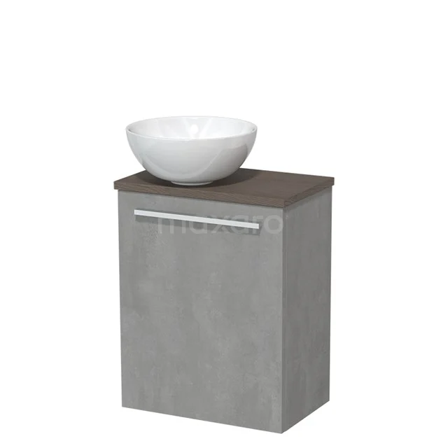Toilet unit with countertop wash basin | 41 cm Light grey concrete Flat front High-gloss white Ceramic worktop Dark brown oak worktop TMK10-06875