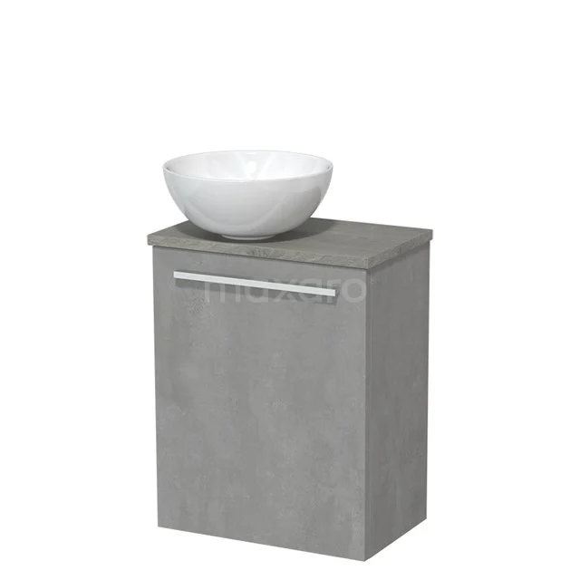 Toilet unit with countertop wash basin | 41 cm Light grey concrete Flat front High-gloss white Ceramic wash basin Grey oak worktop TMK10-02648