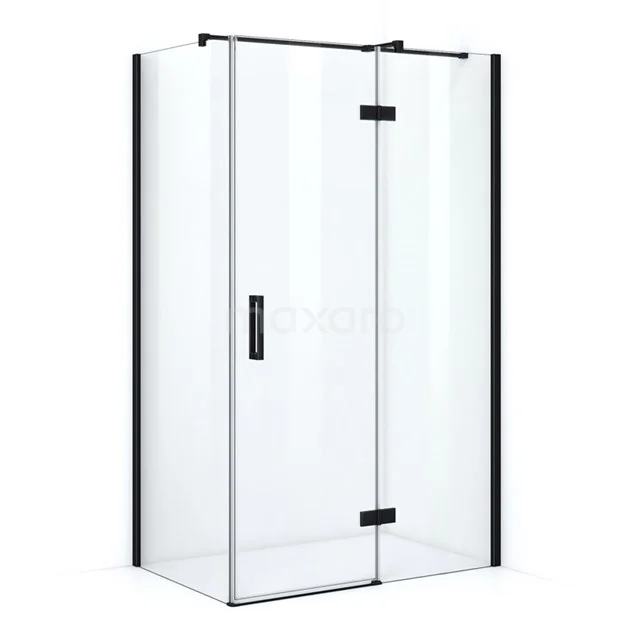 Shower enclosure with black accents, rectangular glass design with black metal handle, ideal for a modern bathroom.