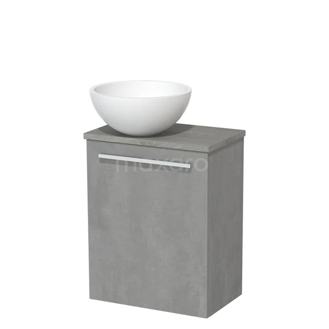 Toilet unit with countertop wash basin | 41 cm Light grey concrete Flat front Matte white Solidtop wash basin Grey oak worktop TMK10-02651