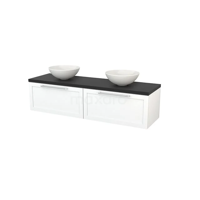 White double vanity unit with black worktop and surface-mounted bowls, modern style for stylish bathroom design.