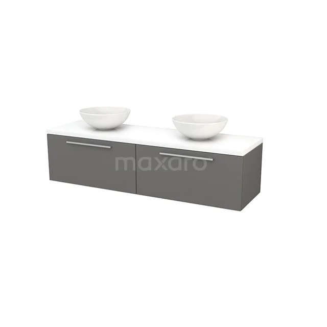 Grey bathroom furniture set with two white countertop wash basins, sleek design, modern finish and push-to-open drawers.