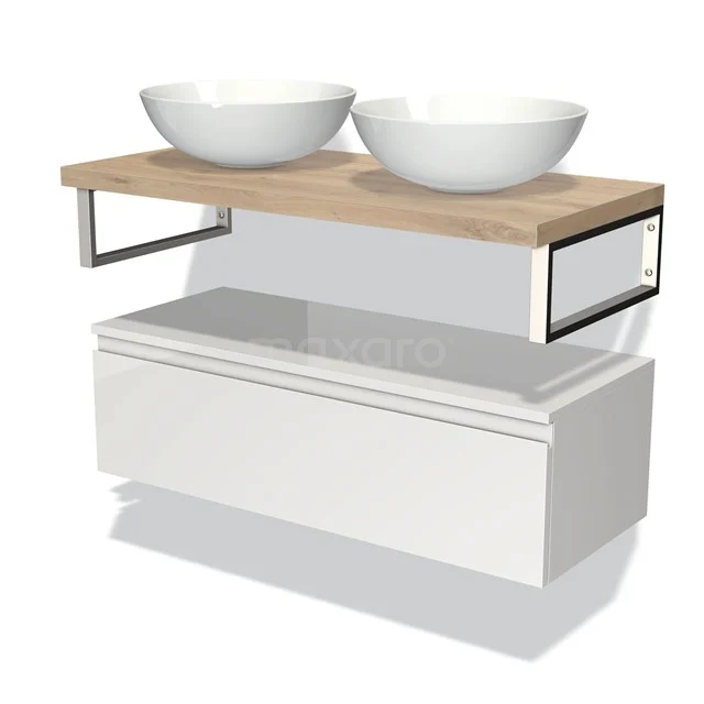 Modulo Plato Badmöbel mit Aufsatzwaschbecken | 100 cm Hochglanz Weiß Grifflos front Hellbraune Eiche blatt Tief hängend BMK32-00087 Weißes Badezimmermöbel mit Doppelwaschbecken, Holzplatte und modernem Design. Perfekt für ein stilvolles und funktionales Badezimmer.