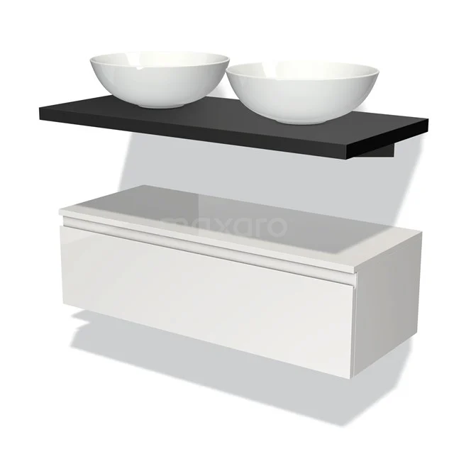 White bathroom furniture set with black shelf, double basin design and ceramic bowls, modern and minimalist design.