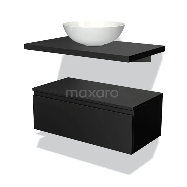 Black floating wash basin set with ceramic round countertop wash basin, modern design for bathroom storage.