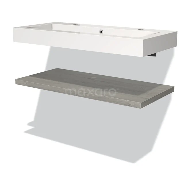 Weißes keramisches Waschtischplatte mit integrierter Waschbecken und grauer Holzplatte, perfekt für moderne Badezimmergestaltung.