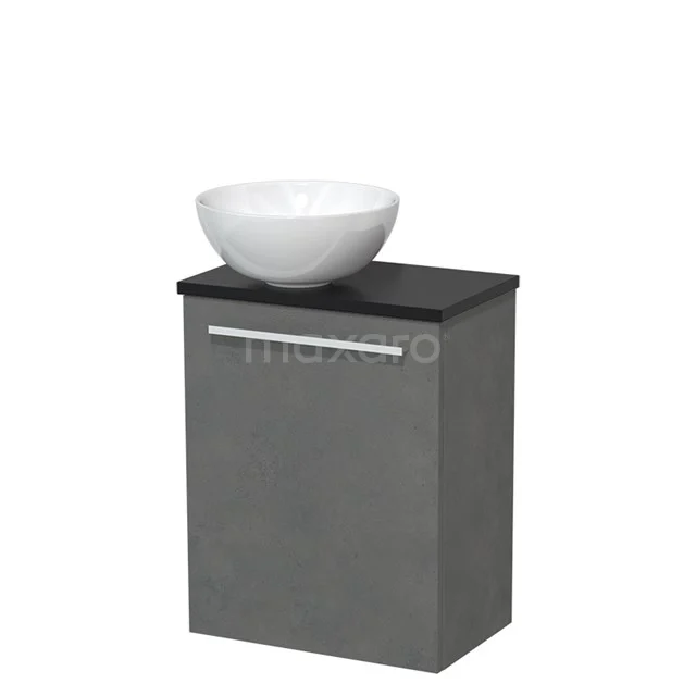 Toiletmeubel met waskom | 41 cm Donkergrijs beton Vlak front Hoogglans wit Keramiek waskom Mat zwart blad TMK10-04816