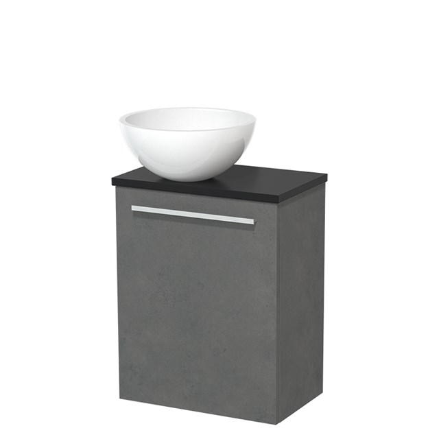 Toiletmeubel met waskom | 41 cm Donkergrijs beton Vlak front Hoogglans wit Mineraalmarmer waskom Mat zwart blad TMK10-04818