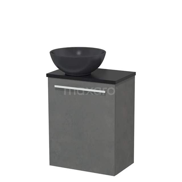WC-Möbel mit Aufsatzwaschbecken | 41 cm Dunkelgrauer Beton Glatte Front Matt Schwarz Quarz Aufsatzwaschbecken Matt Schwarz Platte TMK10-04820 Graue Badmöbelset mit schwarzem Waschbecken, modernes Design und kompaktes Format, ideal für kleine Bäder.