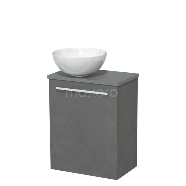 Toilet unit with wash basin | 41 cm Dark grey concrete Flat front High-gloss white Ceramic wash basin Mid-gloss white worktop TMK10-02663 Grey bathroom unit with white ceramic vanity units with basin, modern design and metal handle, suitable for compact bathrooms.