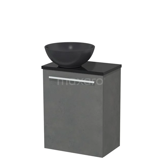Toiletmeubel met waskom | 41 cm Donkergrijs beton Vlak front Mat zwart Quartz waskom Hoogglans zwart blad TMK10-06914