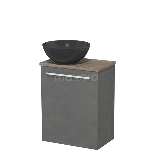 Toiletmeubel met waskom | 41 cm Donkergrijs beton Vlak front Mat zwart Quartz waskom Eiken blad TMK10-02692