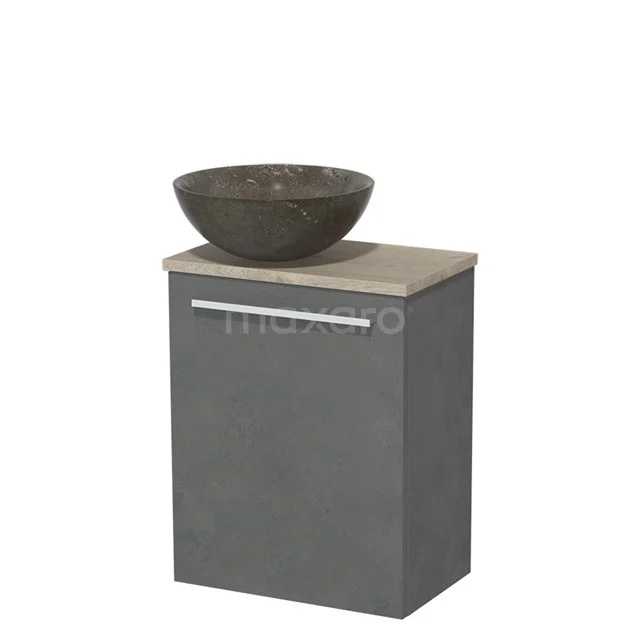 | 41 cm Dunkelgrauer Beton glatte Front Blaustein Naturstein-WC-Möbel hellgraue Eiche Platte TMK10-06921 Grauer Badschrank mit Natursteine Aufsatzwaschbecken, kompaktes Design, Holzplatte, modern und ideal für kleine Bäder.