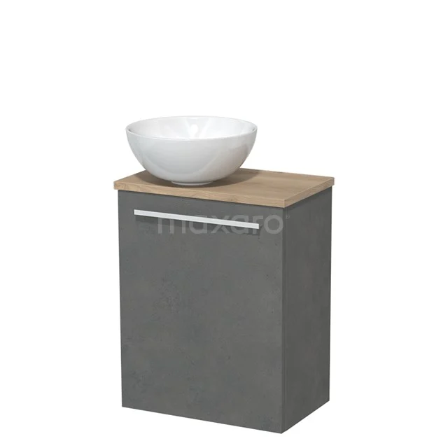 Toilet unit with countertop wash basin | 41 cm Dark grey concrete Flat front High-gloss white Ceramic basin Light brown oak fronts TMK10-02910