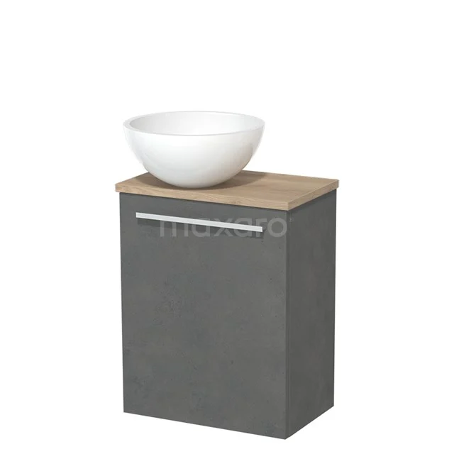 Toilet unit with countertop wash basin | 41 cm Dark grey concrete Flat front High-gloss white Mineral marble basin Light brown oak worktop TMK10-02912