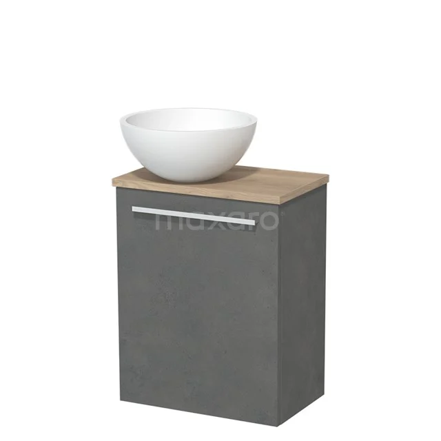 Toilet unit with wash basin | 41 cm Dark grey concrete Flat front Matte white Solidtop wash basin Light brown oak worktop TMK10-02913