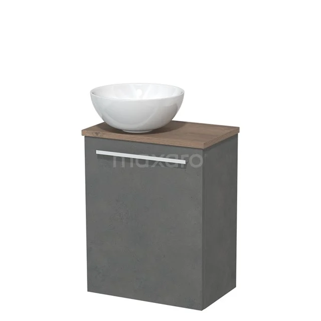 Toilet unit with countertop wash basin | 41 cm Dark grey concrete Flat front High-gloss white Ceramic countertop wash basin Mid brown oak worktop TMK10-04622