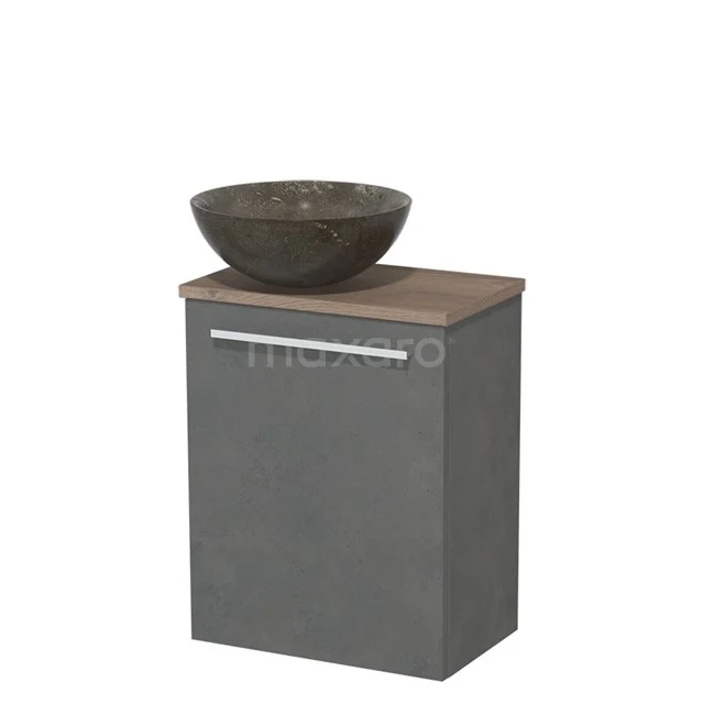WC-Möbel mit Aufsatzwaschbecken | 41 cm Dunkelgrauer Beton Glatte Front Blaustein Naturstein Aufsatzwaschbecken Mittelbraune Eiche Platte TMK10-04623 Grauer Badschrank mit Holzplatte und Natursteine Aufsatzwaschbecken, modernes Design aus der Premium-Serie.