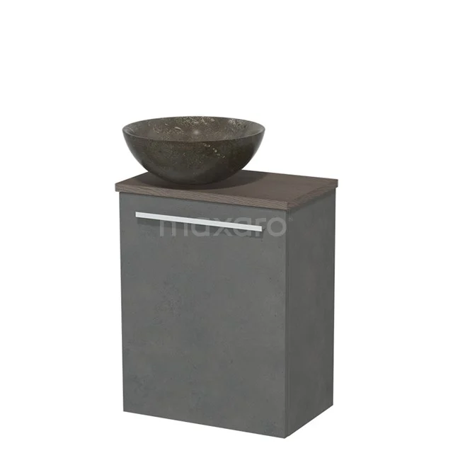 WC-Möbel mit Aufsatzwaschbecken | 41 cm Dunkelgrauer Beton Glatte Front Blaustein Naturstein Aufsatzwaschbecken Dunkelbraune Eiche Platte TMK10-06926 Grauer Badschrank mit Holzplatte und schwarzem rundes Waschbecken; kompaktes Design mit modernem Erscheinungsbild.