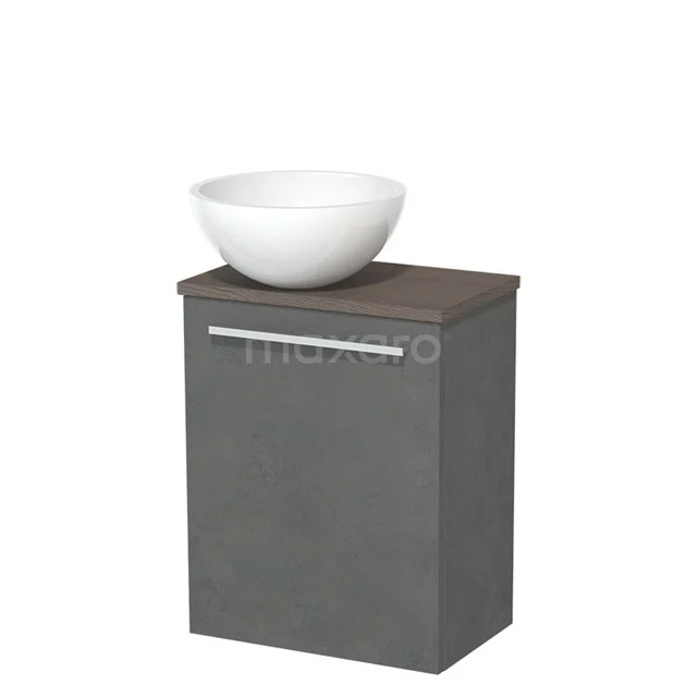 Grijze badkamerkast met wastafel in wit keramiek, compacte designoplossing met houten bovenblad voor moderne badkamers.