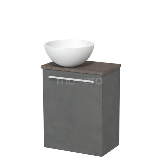 Grijze badkamerkast met houtlook blad, inclusief witte waskom, modern design voor stijlvol opbergen in de badkamer.