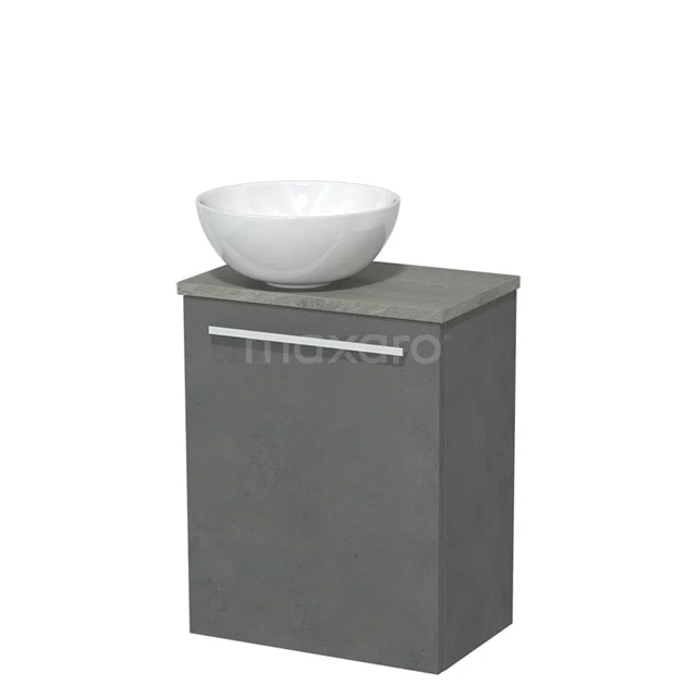 Toilet unit with wash basin | 41 cm Dark grey concrete Flat front High-gloss white Ceramic countertop wash basin Grey oak worktop TMK10-02713