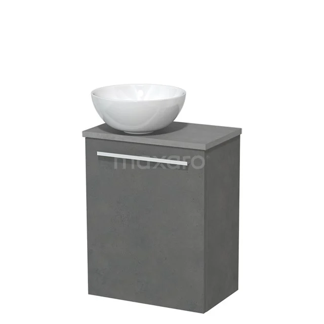 Compact grijs badkamermeubel met witte keramische wastafel, voorzien van zilveren handgreep. Perfect voor moderne badkamers.