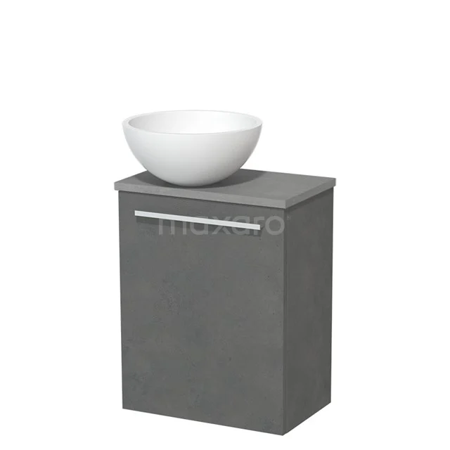 Grey bathroom unit with white countertop wash basin, compact shape, sleek design, ideal for modern bathrooms.