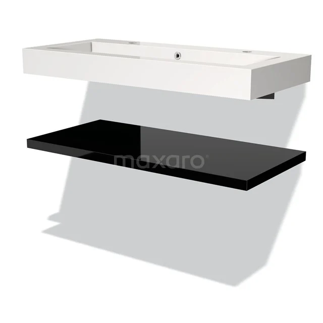 White rectangular basin with integrated black glass shelf, ideal as a modern storage solution in the bathroom.