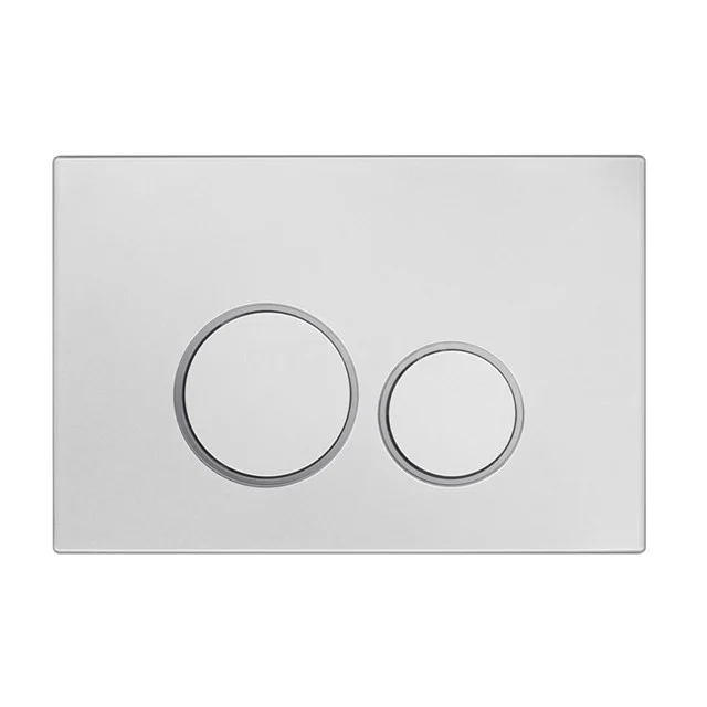 Weiße WC-Bedienungsplatte mit zwei runden Knöpfen, minimalistisches Design, ideal für moderne Badezimmerstile.