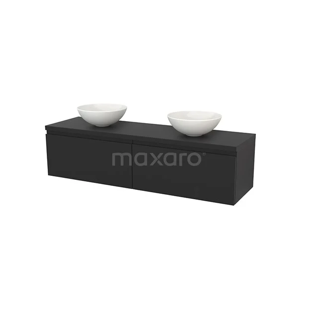 Vanity units for countertop wash basin 160cm Modulo+ Plato Carbon 2 Drawers Handle-free BMK002331 Black bathroom furniture set with two white basin bowls, sleek design, perfect for a modern bathroom design.