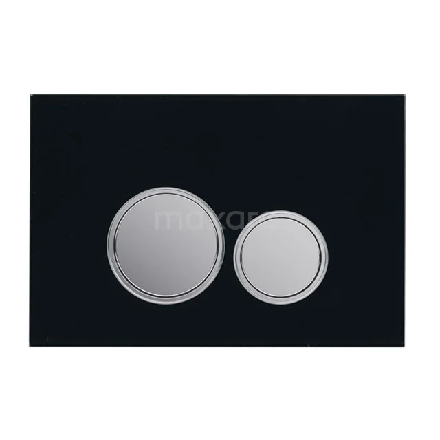 Schwarze Bedienungsplatte für WC mit runden Knöpfen, Chrom-Ausstattung, geeignet für moderne Bäder.