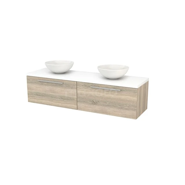 Wooden bathroom unit with double basin, modern design, white ceramic and Oak look, ideal for a stylish bathroom design.