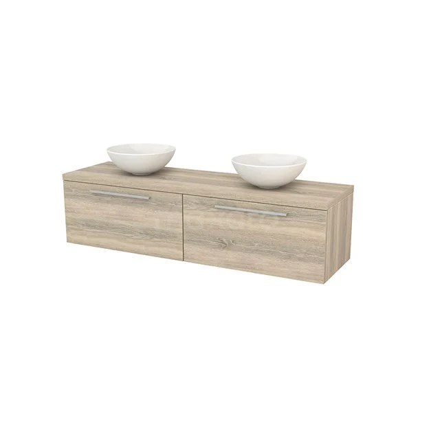 Wooden bathroom unit with double drawers, natural wood look and two white countertop wash basins, ideal for a modern bathroom style.
