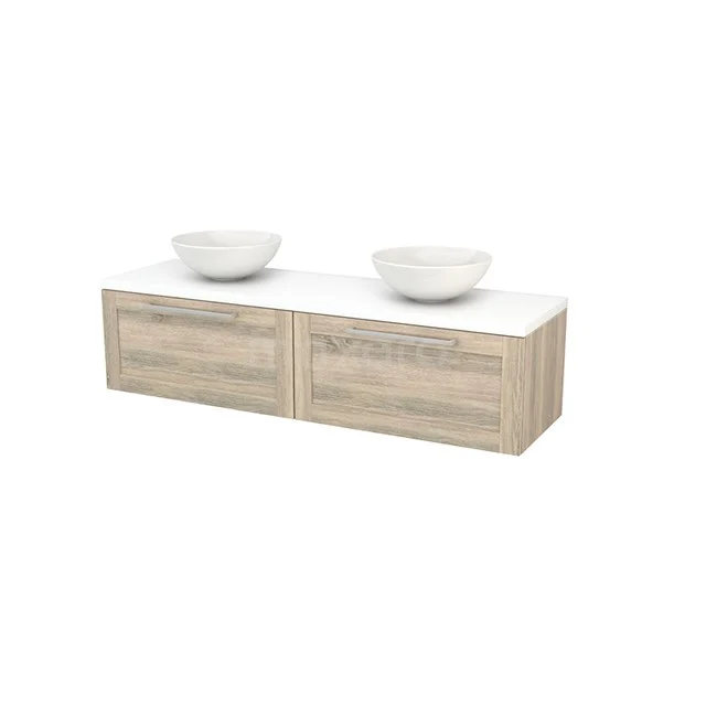 Wooden bathroom unit with two basins, minimalist design, beige oak look, ideal for modern bathrooms.