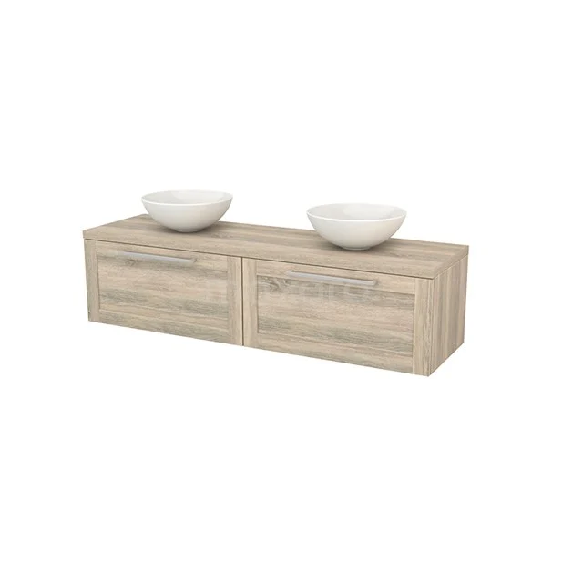 Wooden bathroom unit with two drawers and double white basins, modern design, perfect for stylish bathroom spaces.